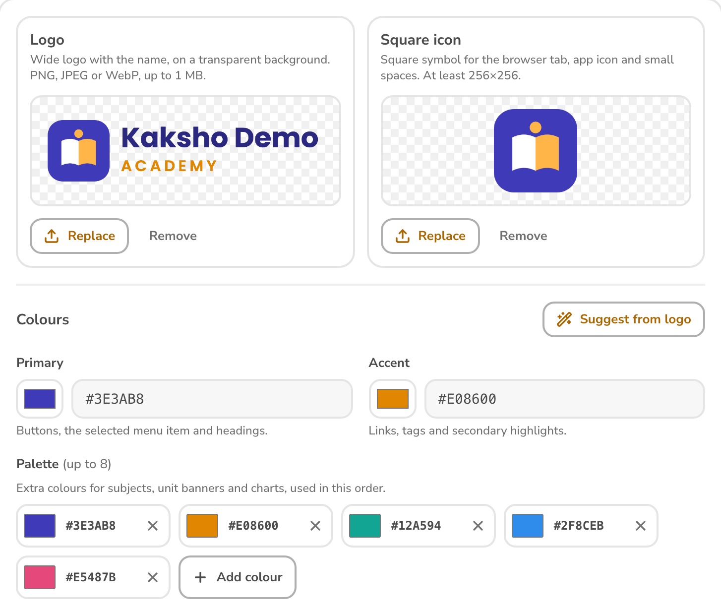Branding settings: logo, square icon and colours