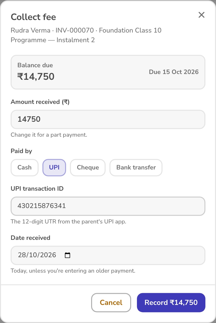 Collect fee: a UPI payment with its transaction ID