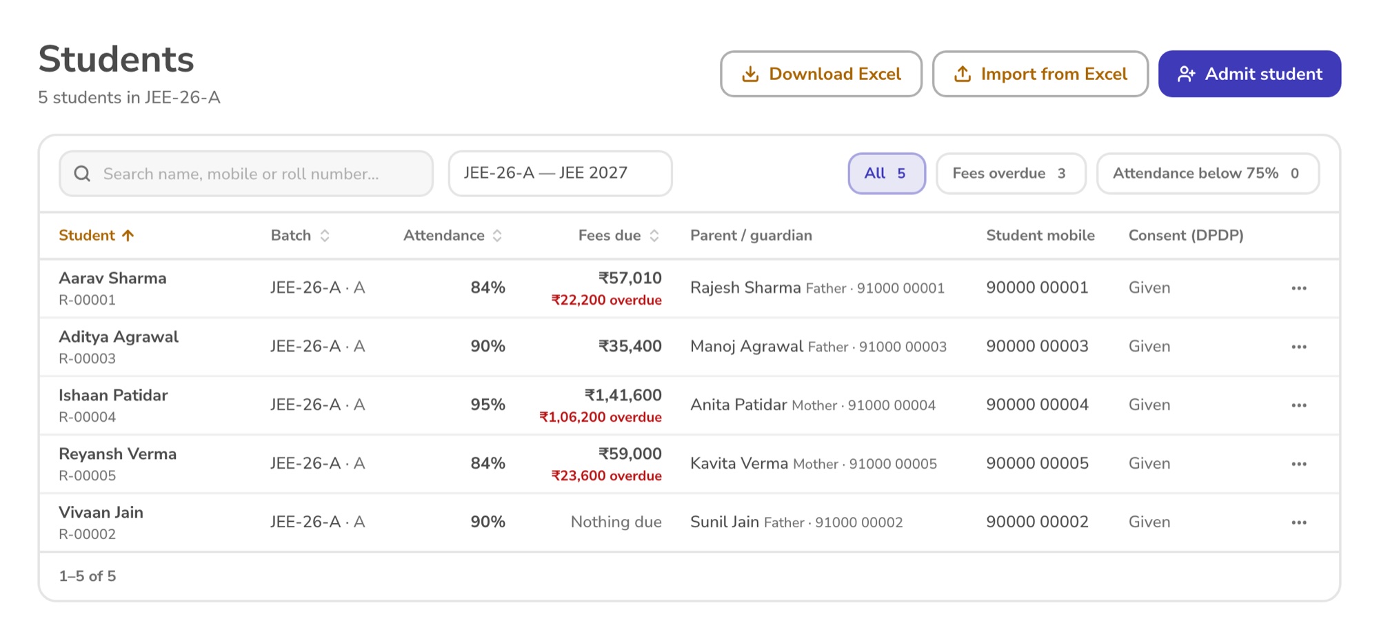 The students list filtered to one batch, with attendance and fees due