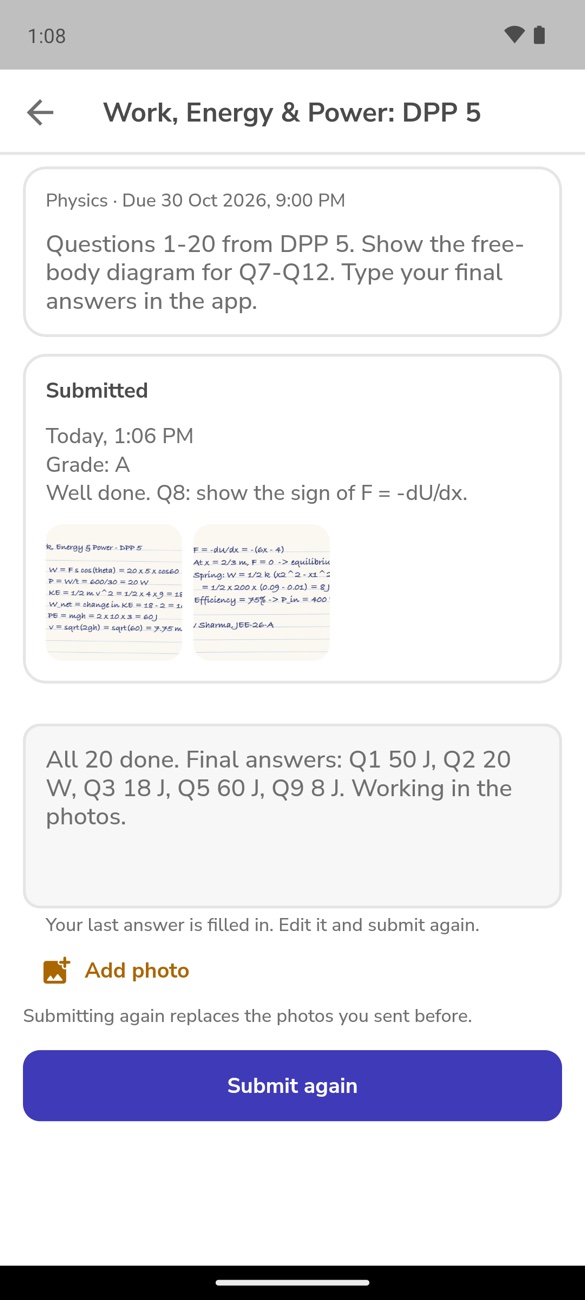 Homework handed in with photos, then graded