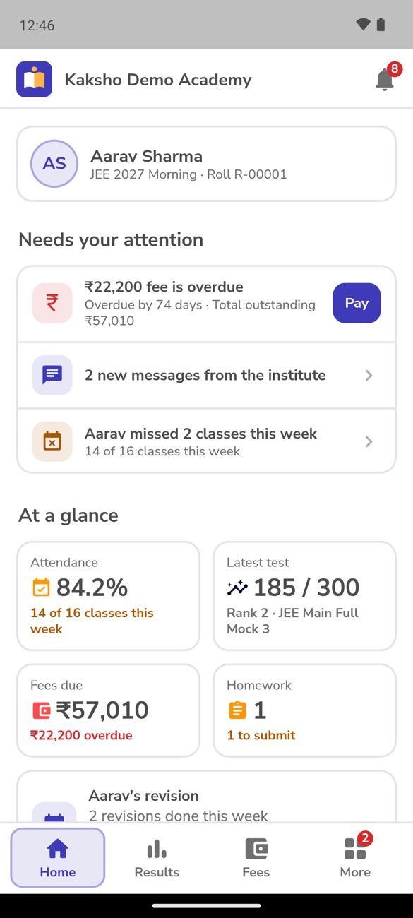 Parent app home: an overdue fee, new messages and classes missed