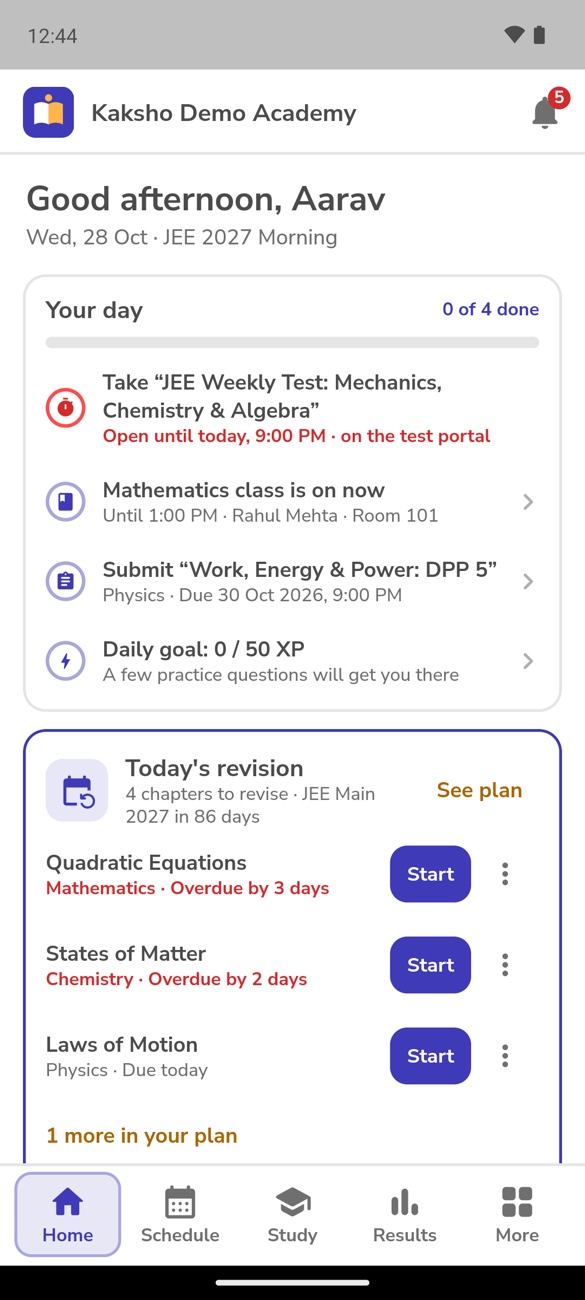 Student app home: the day's test, classes, homework and revision